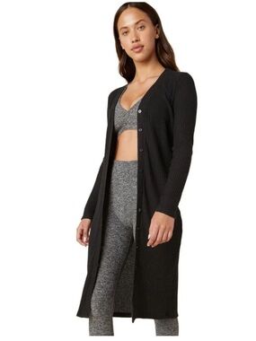 Beyond Yoga Long Black Ribbed Button-Front Cardigan